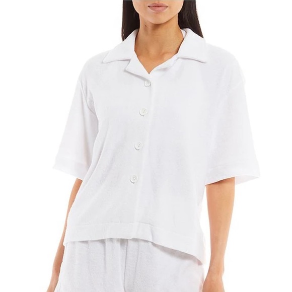 🟦 Gianni Bini Kaycie Button Front Camp Collar Short Sleeve Terry Cloth Shirt - Picture 1 of 8